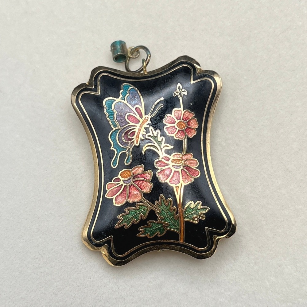 Vintage Cloisonne Butterfly Pendant Black Enamel Floral Double Sided Gold Tone